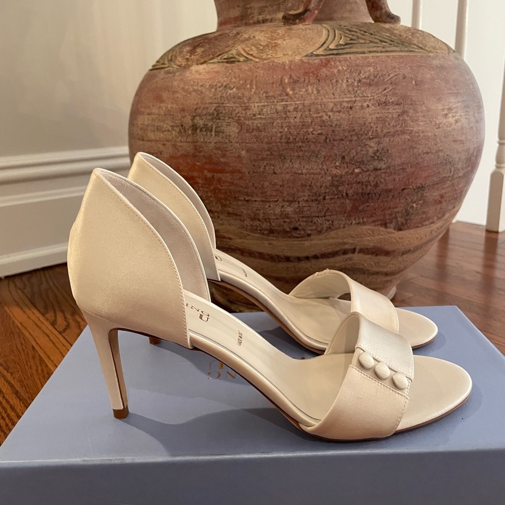 Silver satin open toed heels from Something Bleu